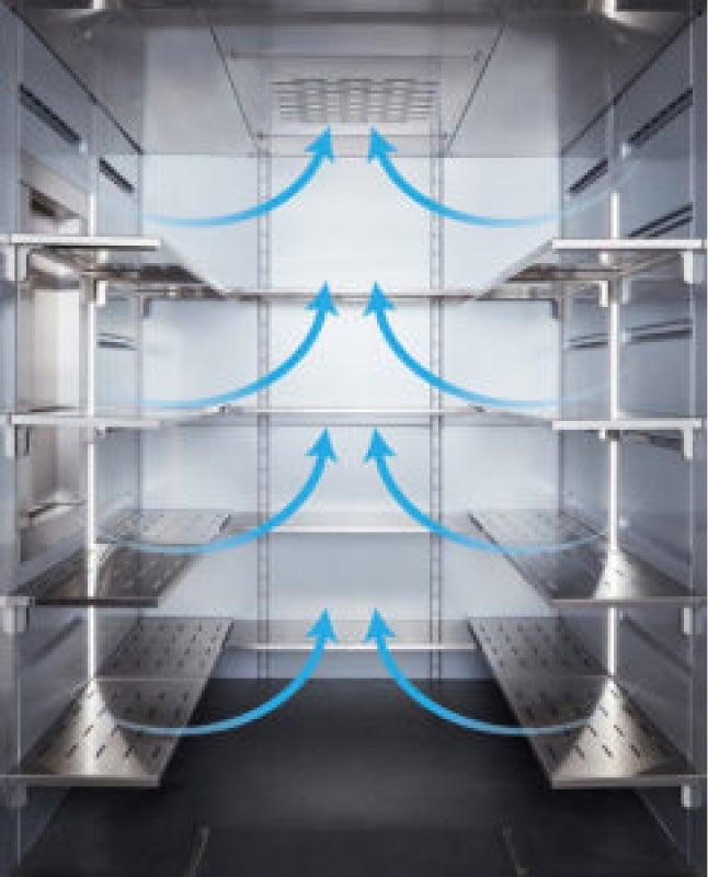 Illustration of Qflow360™ Air Walls showing air streams inside the Qoldfusion refrigerator.