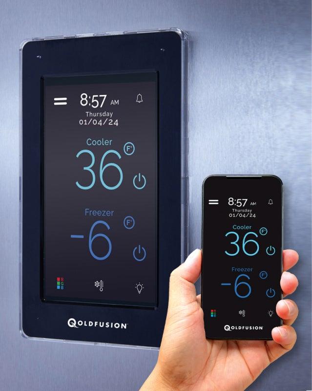 Smartphone and TFT Touch Pad showing Qoldfusion app for controlling refrigerator settings.