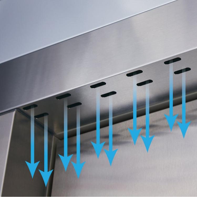 Illustration of Qoldfusion Air Curtain showing air streams inside the doorway of the refrigerator.