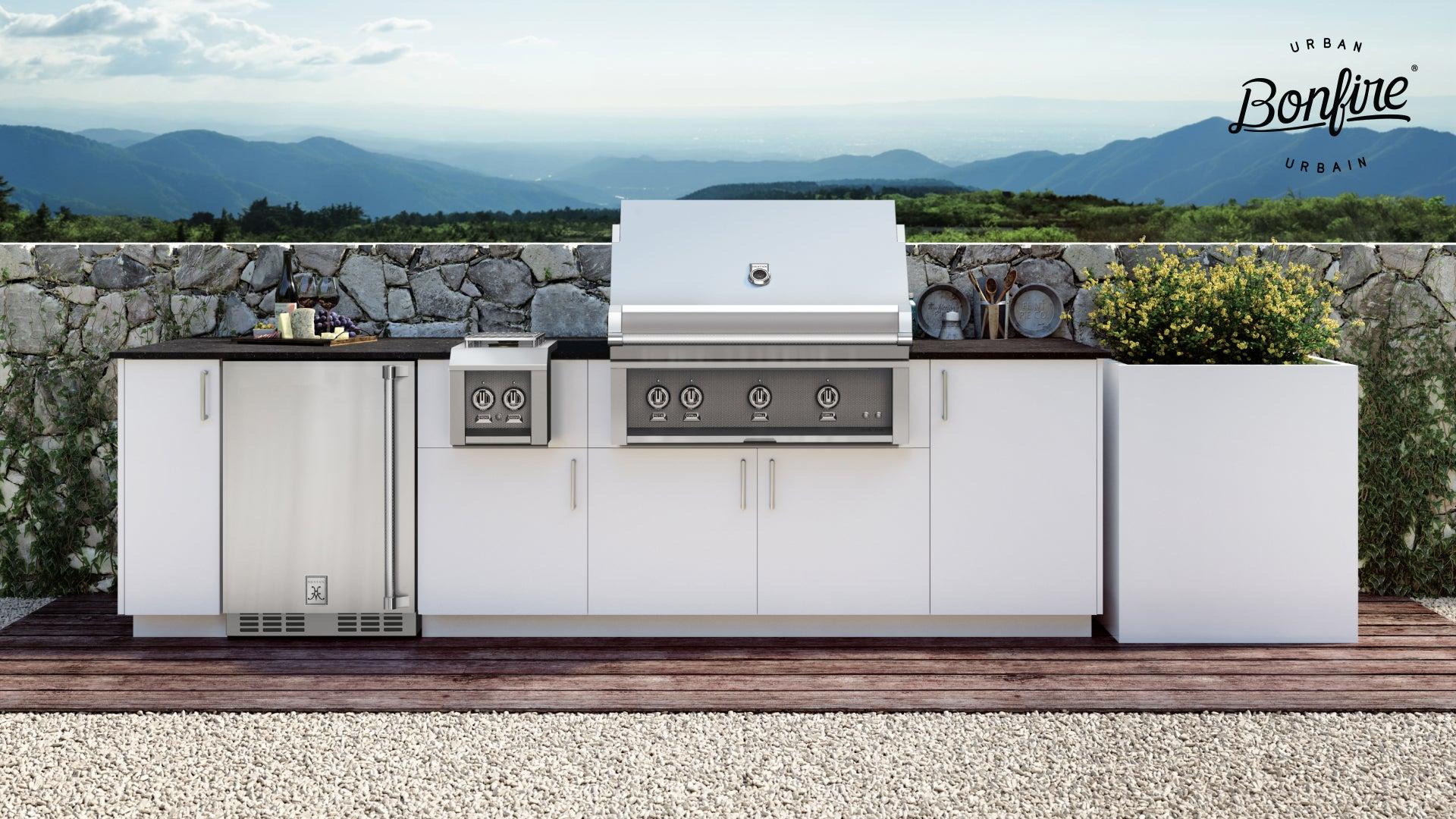 Urban Bonfire Grill and Side Burner with Functional Storage and Refrigerator