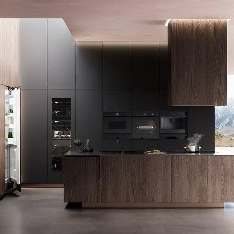 Stylish kitchen with a white oven, stovetop, and clean, contemporary design, featuring beautiful lighting.